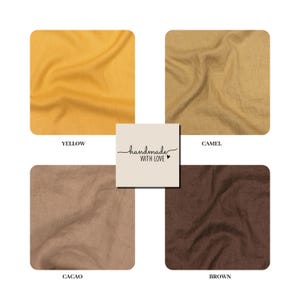 May include: A square image showcasing four fabric swatches in yellow, camel, cacao, and brown. The word "YELLOW" is below the yellow swatch. The words "CAMEL", "CACAO", and "BROWN" are below the other swatches. A square card in the center reads "handmade WITH LOVE".