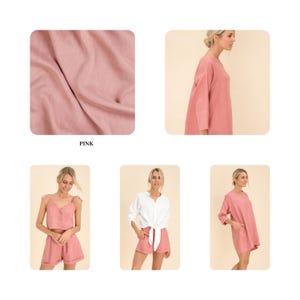May include: A collection of pink clothing items, including a dress, shorts, a top, and a long-sleeved shirt. The fabric appears to be linen or a similar lightweight material. The word "PINK" is printed in the center of the image.