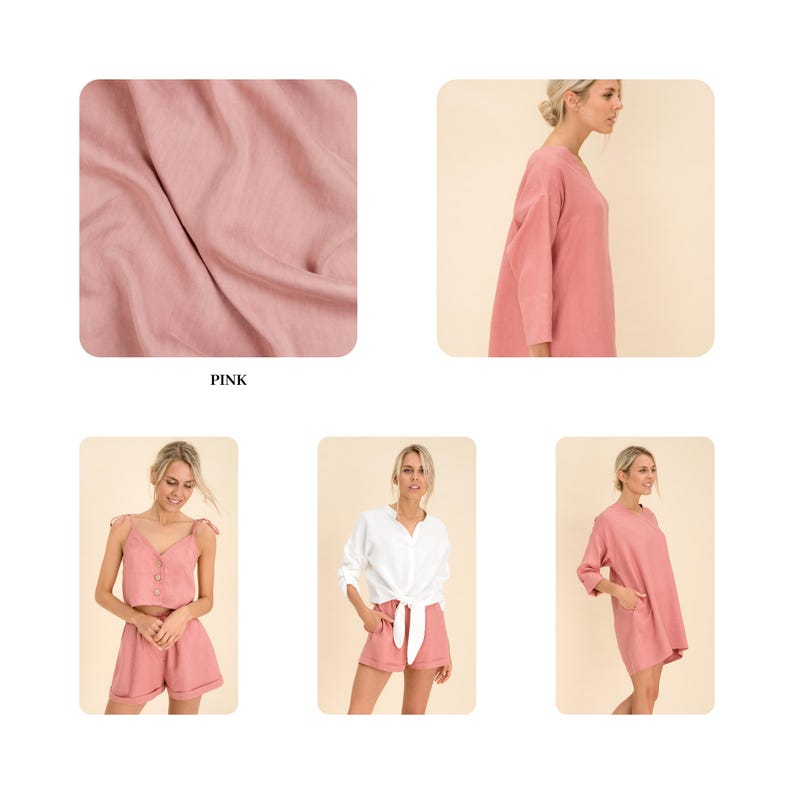 May include: A collection of pink clothing items, including a dress, shorts, a top, and a long-sleeved shirt. The fabric appears to be linen or a similar lightweight material. The word "PINK" is printed in the center of the image.