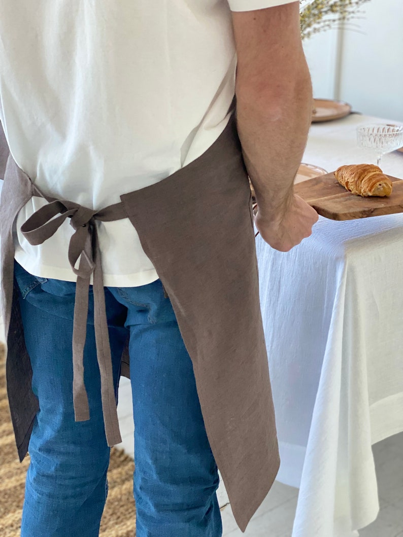 Linen apron. Natural linen full apron with pockets. Soft linen kitchen apron for women and man. Brown linen apron. image 3