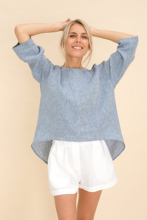 Oversized Linen Top with 3/4 Sleeves, Relaxed Fit - Loose-fit Linen Shirt -  Handmade, Stone Washed Linen Top.