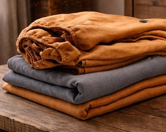 Sábana ajustable de lino lavado a la piedra - Lino puro lituano - Varios colores - Ropa de cama de lino suave y transpirable - Sábana de lino natural tamaño Queen King