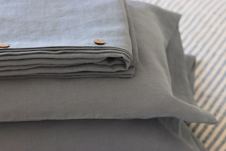 Pure linen bedding. Linen bedding SET with pillowcases. Duvet cover and 2 pillow covers. Gray blue Linen bedding. King, Queen linen bedding. image 4