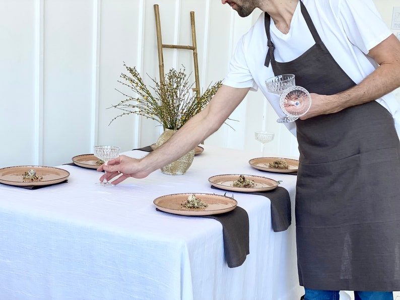 Linen apron. Natural linen full apron with pockets. Soft linen kitchen apron for women and man. Brown linen apron. image 5