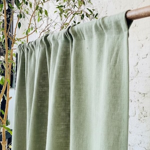 Cortinas de linho verde musgo com efeito lavado, painéis de cortina de linho com bolso para varão, cortinas de linho macias para quarto, decoração rústica para sala de estar. imagem 1
