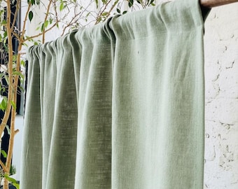 Moss Green Stonewashed Linen Curtains, Rod Pocket Linen Curtain Panels, Softened Linen Drapes for Bedroom, Rustic Living Room Decor