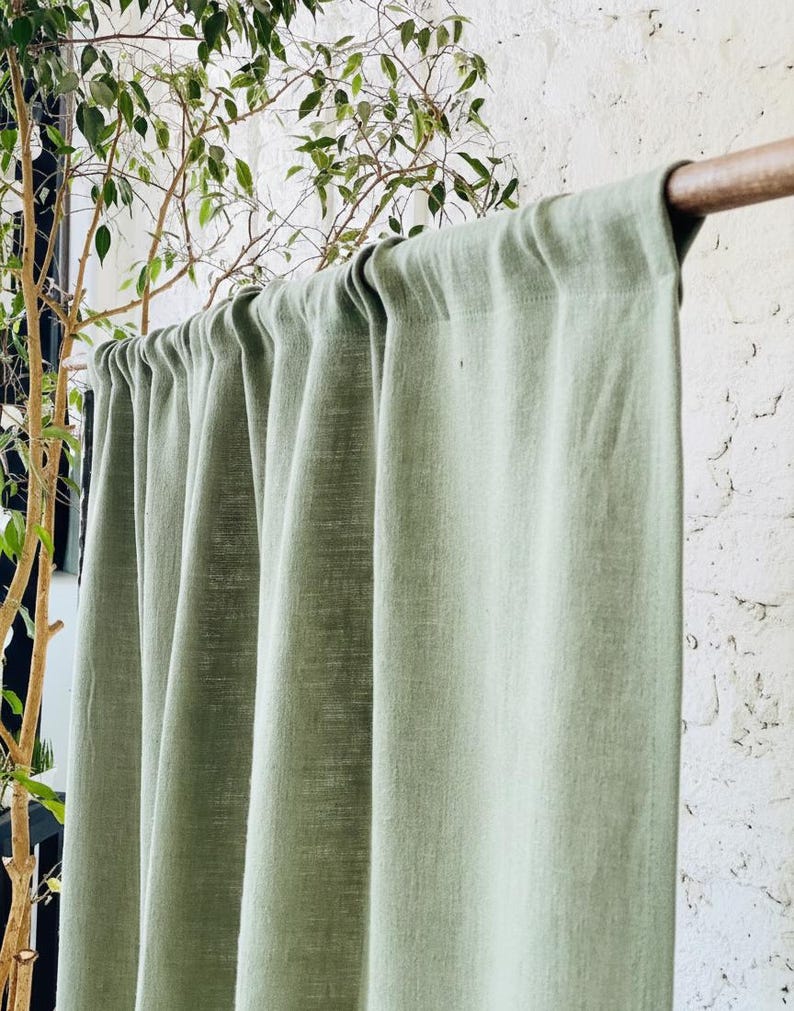 Cortinas de linho verde musgo com efeito lavado, painéis de cortina de linho com bolso para varão, cortinas de linho macias para quarto, decoração rústica para sala de estar. imagem 1