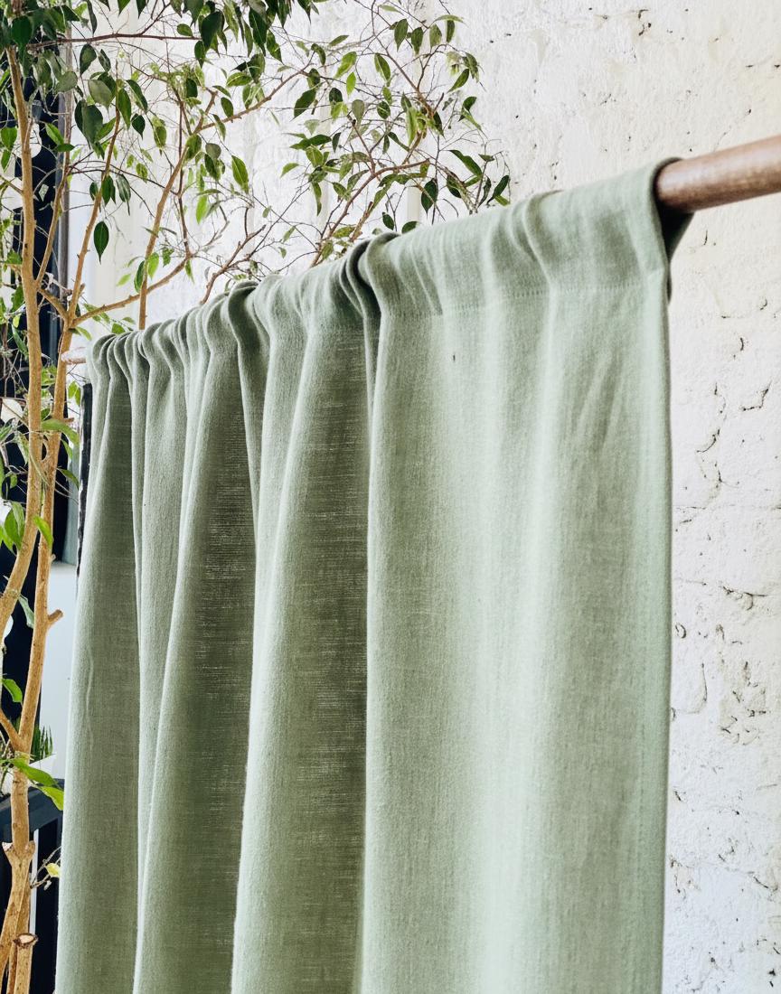 Moss Green Stonewashed Linen Curtains, Rod Pocket Linen Curtain Panels, Softened Linen Drapes for Bedroom, Rustic Living Room Decor