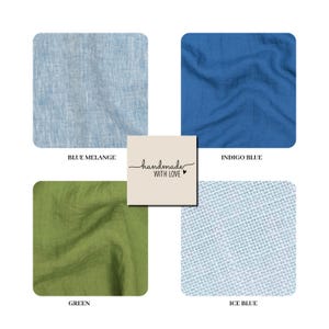 May include: A square image showcasing four fabric swatches in shades of blue and green. The colors are labeled: Blue Melange, Indigo Blue, Green, and Ice Blue. A small square in the center reads "handmade WITH LOVE".