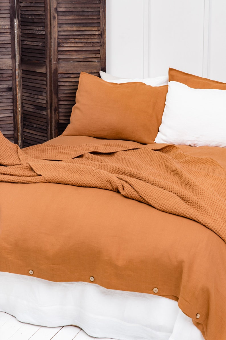 Linen throw in burnt orange. Waffle Linen throw blanket. Linen bedspread. image 1