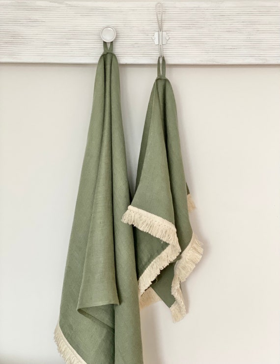 Moss Green Linen Towel. Hand, Body Towel Set. Softened Linen Beach