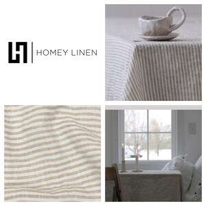 May include: A collection of images showcasing Homey Linen products. The images feature a striped linen tablecloth, a close-up of the fabric, and a table setting with a teacup and candles. The color palette is neutral, with beige and white stripes.
