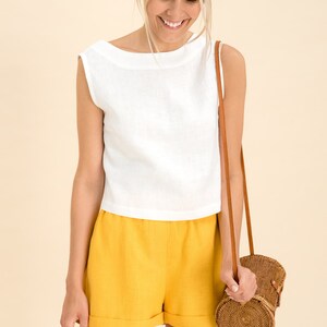 Natural Linen Shorts. Loose Linen Elastic Waist Shorts in Yellow. Summer Linen Shorts for Women Elastic Waist. Paper Bag Linen Shorts. image 4