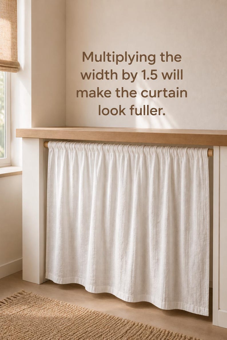 K&ouml;nnte beinhalten: Ein wei&szlig;er Vorhang h&auml;ngt an einer Holzstange unter einem Holzregal. Der Text an der Wand lautet: Multiplying the width by 1.5 will make the curtain look fuller. Der Stoff hat eine dezente vertikale Textur und ist an der Stange gerafft.