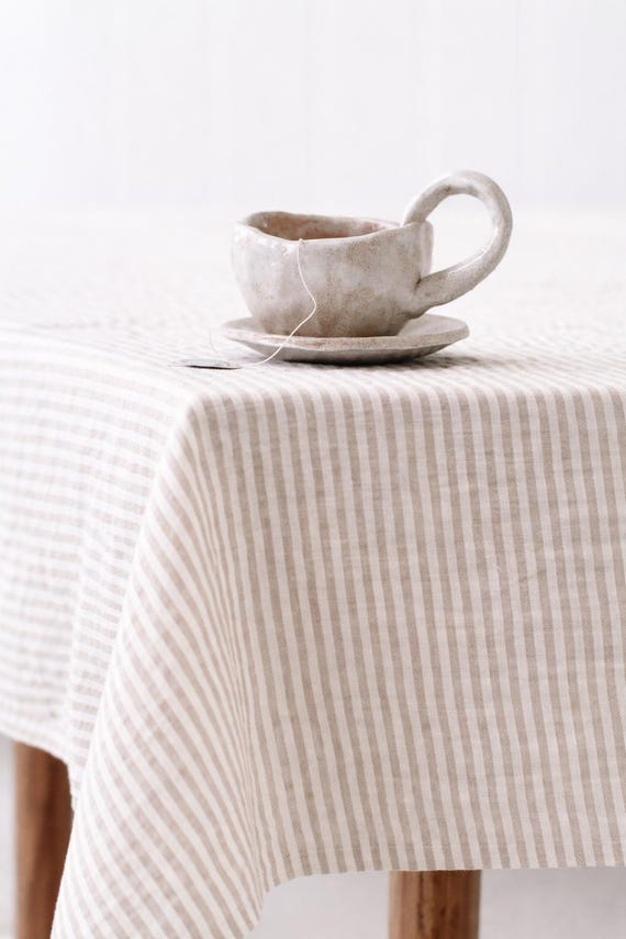Striped Washed Linen Tablecloth, Custom Size Table Linen, Rustic Farmhouse Table Cover, Natural Softened Linen, Striped Dining Decor