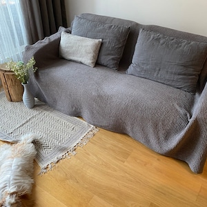 Couch Cover. Natural Sofa Cover in Gray. Linen and Cotton Coverlet. Slipcover for a Couch. Sofa Cover. image 2