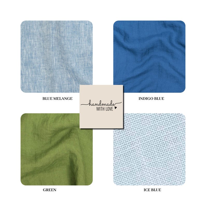 May include: A square image showcasing four fabric swatches in shades of blue and green. The colors are labeled: Blue Melange, Indigo Blue, Green, and Ice Blue. A small square in the center reads "handmade WITH LOVE".