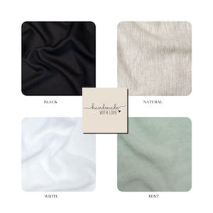 May include: A square image showcasing fabric swatches in black, natural, white, and mint green. Each swatch is labeled with its respective color name. A central square features the text "handmade with love."