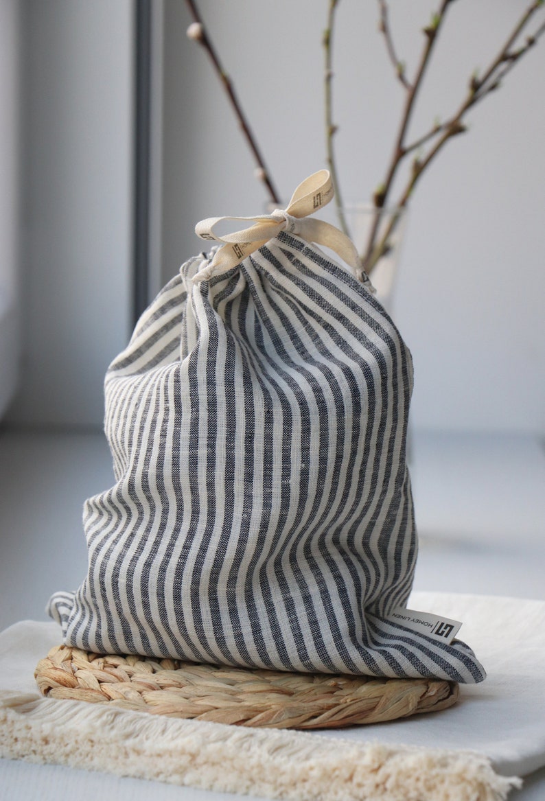 Reusable linen bag linen bread bag Bags for nuts Bag for herbs Kitchen linens Striped linen bag Gift image 2