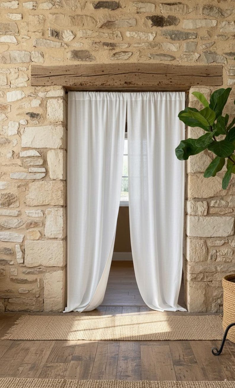 Cortinas de linho verde musgo com efeito lavado, painéis de cortina de linho com bolso para varão, cortinas de linho macias para quarto, decoração rústica para sala de estar. imagem 5
