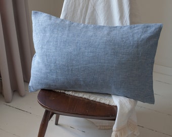 Linen pillowcase. Blue melange linen pillow cover. Softened, stonewashed linen pillow case. Many sizes available.