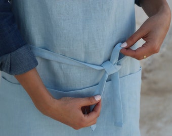 Blaue Leinenschürze - Stonewashed Leinenschürze - Reine und handgefertigte Schürze - Leinenschürze für Frau - Geschenk für sie - Leinenschürze für Männer