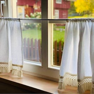 Kitchen Curtains. Linen Cafe Curtains. Linen Curtains with Fringe. White Curtains. Window Curtains. Custom Curtains.