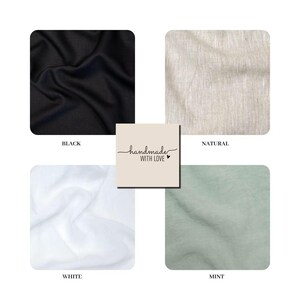 May include: A square image showcasing four fabric swatches in black, natural, white, and mint green. Each swatch is labeled with its color name. A central square features the text "handmade WITH LOVE" in a handwritten style.