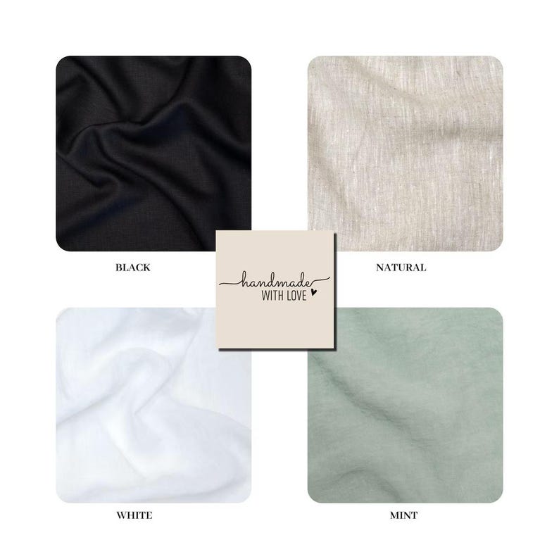 May include: A square image showcasing four fabric swatches in black, natural, white, and mint green. Each swatch is labeled with its color name. A central square features the text "handmade WITH LOVE" in a handwritten style.