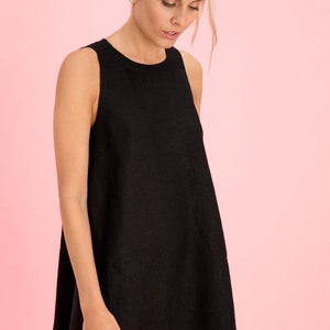 Black Linen Mini Dress. Short Linen Dress with Fancy Hem. Short Black Elegant Dress. Comfortable Dresses. image 3