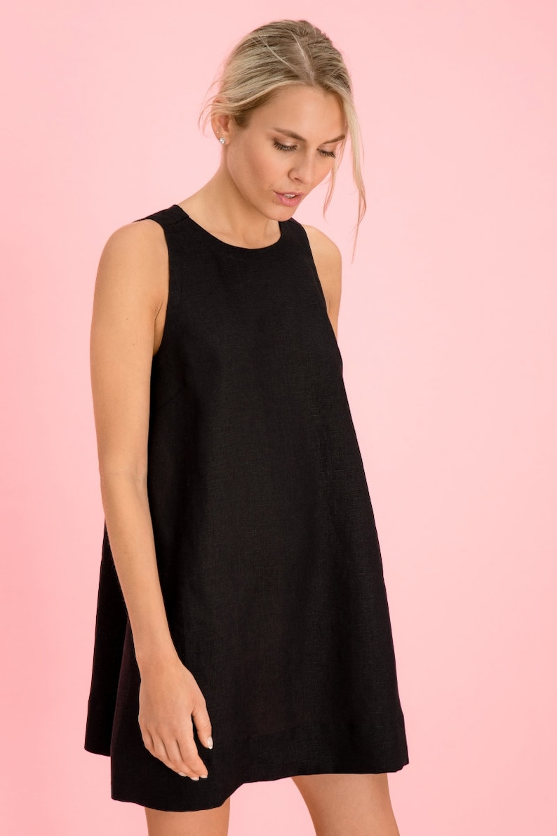 Black Linen Mini Dress. Short Linen Dress with Fancy Hem. Short Black Elegant Dress. Comfortable Dresses. image 3