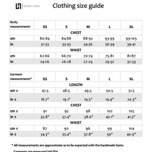 May include: A clothing size guide with measurements in inches and centimeters. The guide includes body and garment measurements for chest, waist, and length, ranging from XS to XL. The text "HOMEY LINEN" is at the top.
