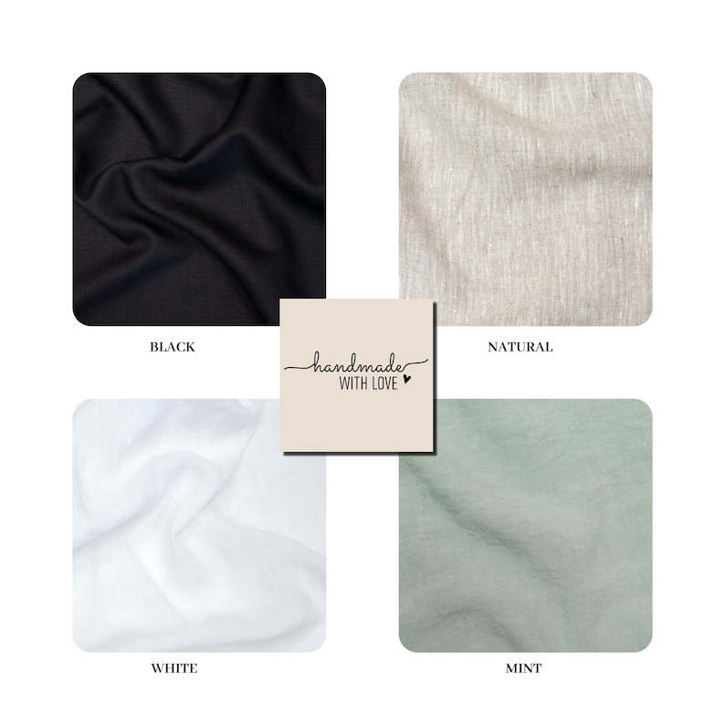 May include: A square image showcasing four fabric swatches in black, natural, white, and mint green. Each swatch is labeled with its respective color name. A central square features the text "handmade with love."