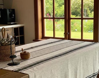 Handgemachte gestreifte Leinentischdecke - rustikale französische Bauernhaus Tischwäsche, Naturleinen Esstischdecke - gewaschene Naturleinen Tischdecke