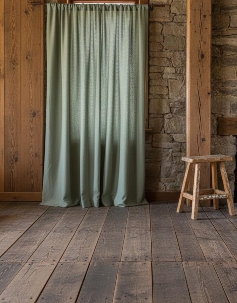 Cortinas de linho verde musgo com efeito lavado, painéis de cortina de linho com bolso para varão, cortinas de linho macias para quarto, decoração rústica para sala de estar. imagem 2