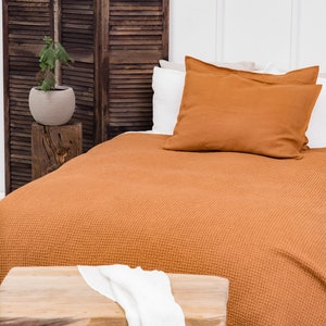 Linen throw in burnt orange. Waffle Linen throw blanket. Linen bedspread. image 3