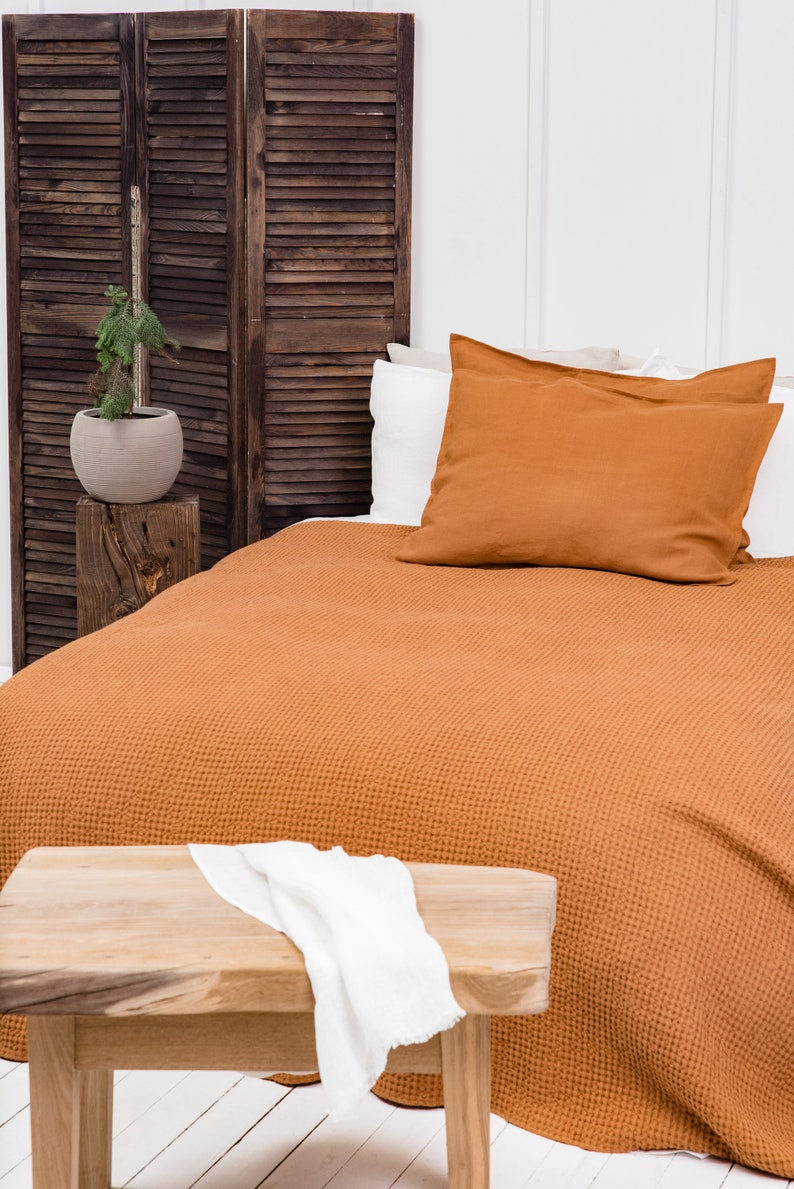 Linen throw in burnt orange. Waffle Linen throw blanket. Linen bedspread. image 3