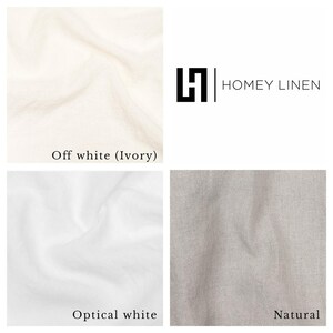 Może przedstawiać: Pr&oacute;bki tkanin lnianych w kolorach ecru (kość słoniowa), bieli optycznej i naturalnym. Logo Homey Linen jest wyświetlane w kolorze czarnym. Pr&oacute;bki podkreślają fakturę i wariacje kolorystyczne tkaniny.