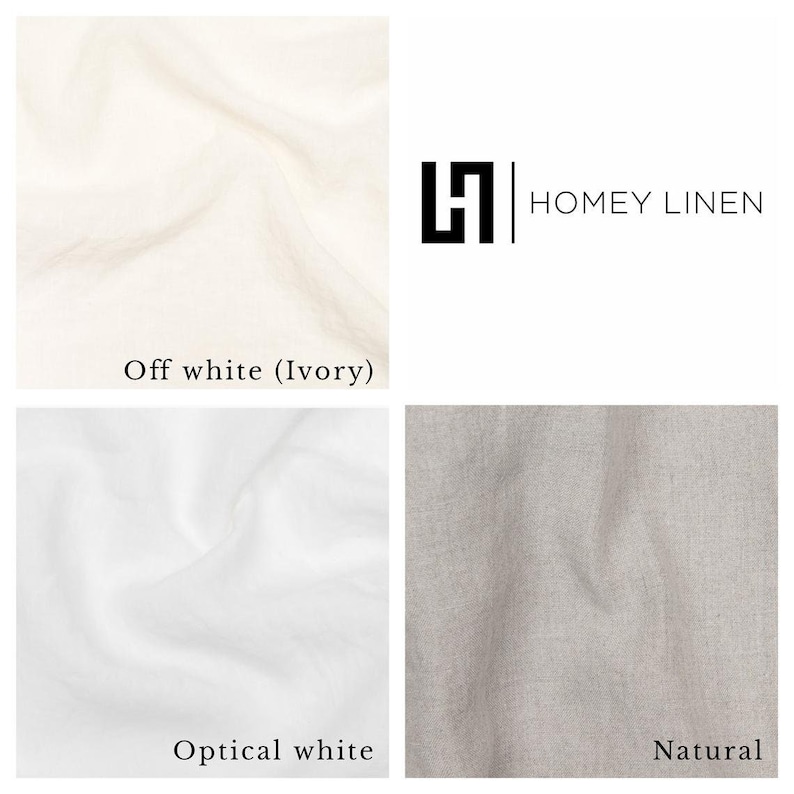Może przedstawiać: Pr&oacute;bki tkanin lnianych w kolorach ecru (kość słoniowa), bieli optycznej i naturalnym. Logo Homey Linen jest wyświetlane w kolorze czarnym. Pr&oacute;bki podkreślają fakturę i wariacje kolorystyczne tkaniny.
