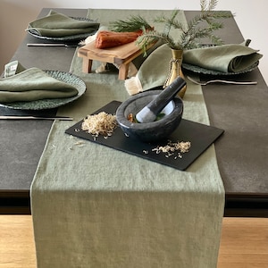 Linen table runner in Moss Green - Tea green handmade linen table runner - Heavier linen table runner - Long table runner