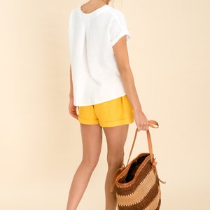 Natural Linen Shorts. Loose Linen Elastic Waist Shorts in Yellow. Summer Linen Shorts for Women Elastic Waist. Paper Bag Linen Shorts. image 6