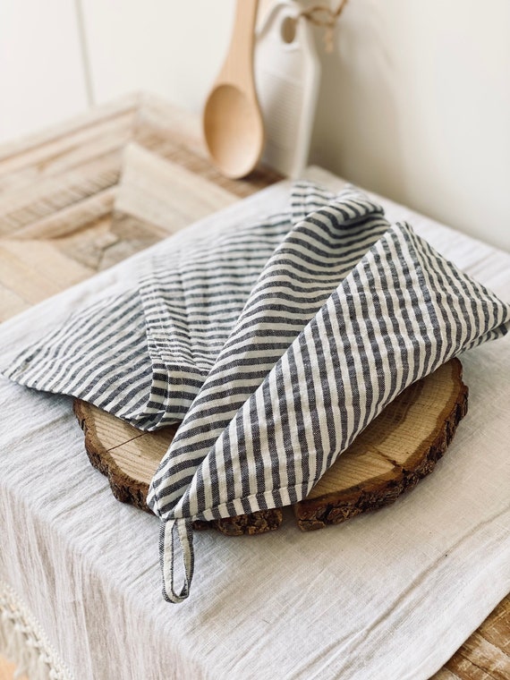 Handmade Linen tea towels with a hidden loop for hanging.