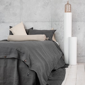 Linen bedding set in white-black checks patters duvet cover 2 pillowcases. Queen linen bedding. King linen quilt. image 4