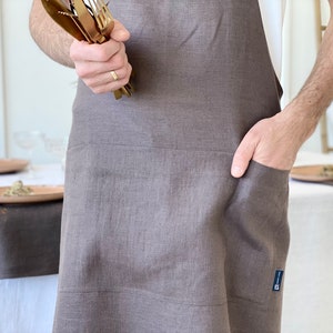 Linen apron. Natural linen full apron with pockets. Soft linen kitchen apron for women and man. Brown linen apron. image 4