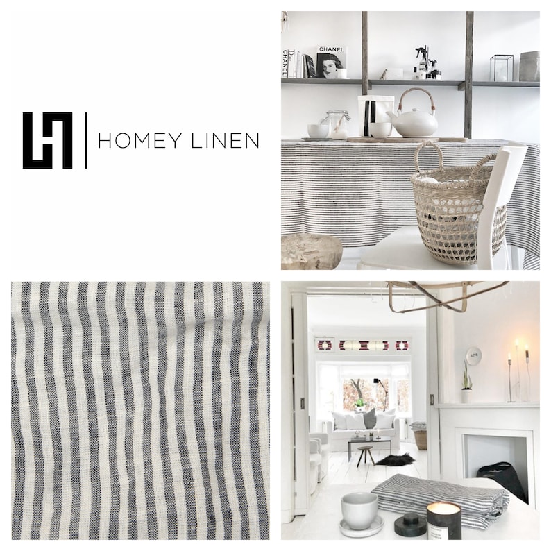 May include: The image showcases a Homey Linen logo and various interior design scenes. A close-up reveals a textured fabric with vertical stripes in white and dark gray. Other scenes include a dining table with a striped tablecloth, a woven basket, and a bright, minimalist living room.