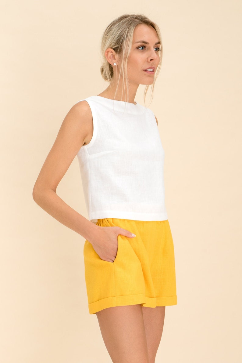 Natural Linen Shorts. Loose Linen Elastic Waist Shorts in Yellow. Summer Linen Shorts for Women Elastic Waist. Paper Bag Linen Shorts. image 2