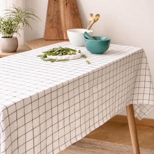 Linen Tablecloth, White Black Check, Rectangular Square Round, Custom Table Decor, Natural Stonewashed Linen Table Cloth