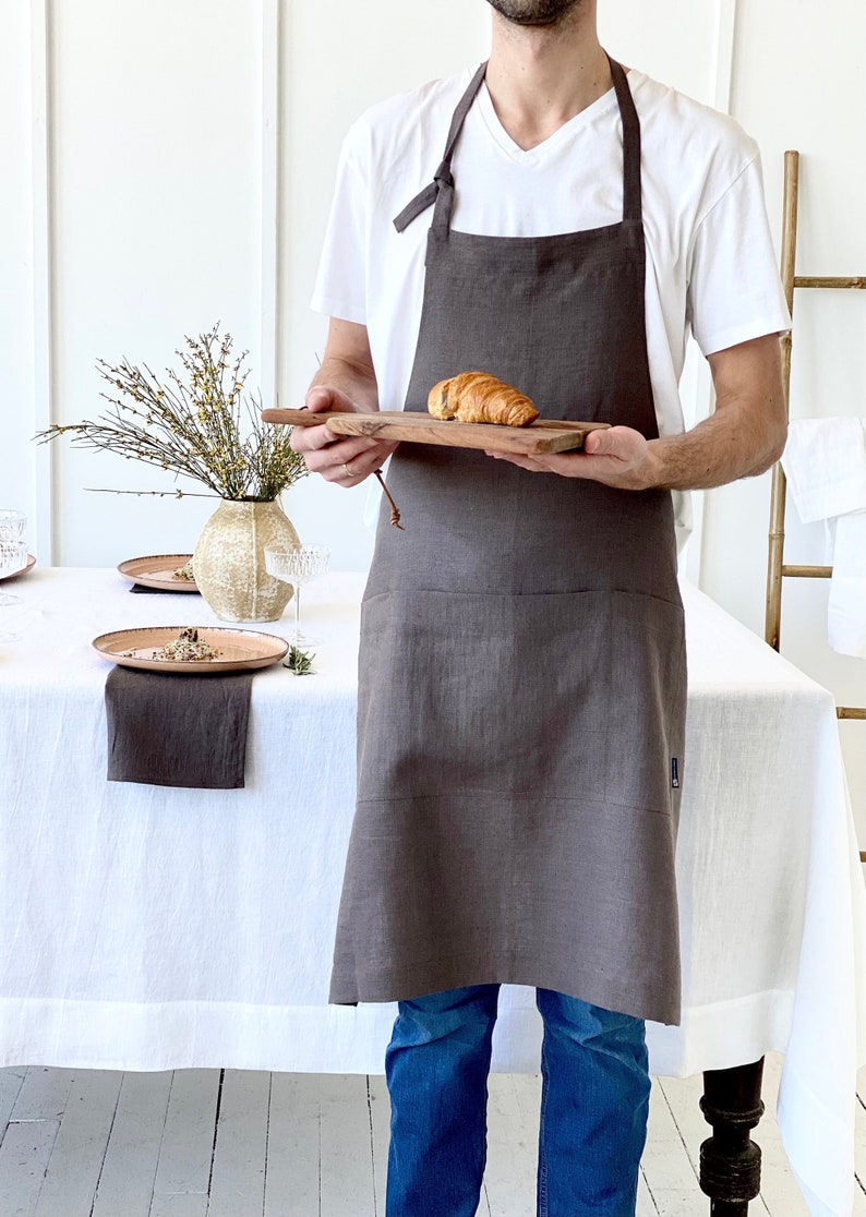 Linen apron. Natural linen full apron with pockets. Soft linen kitchen apron for women and man. Brown linen apron. image 1