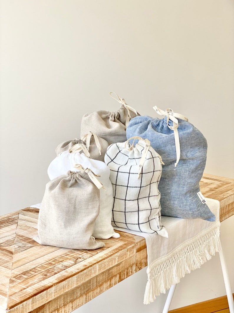 Reusable linen bag linen bread bag Bags for nuts Bag for herbs Kitchen linens Striped linen bag Gift image 9