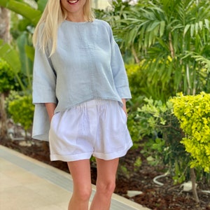 Linen Shorts in White. Linen High Waist Shorts. Loose Linen Elastic Waist Shorts. Paper Bag Shorts. Summer Linen Shorts.